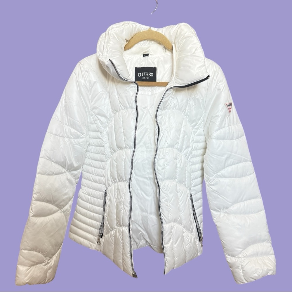 Guess White Puffer Jacket with Quilted Design